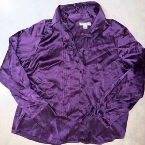 Pendleton Petite Womens 12 Purple Ruffled V-Neck Button Up 100% Silk Grandma EUC
